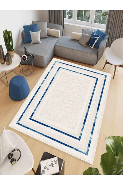 Makinede Yıkanabilir Leke Tutmaz  Vizon Makina Dokuma Kaymaz Taban Vintage Çerçeve Halı Ald37  Mavi 120 x 180 - Resim 2