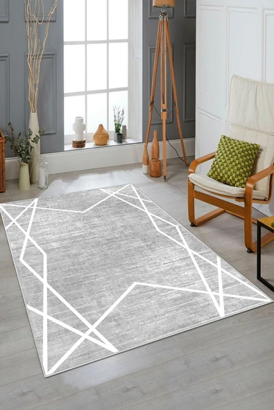Makinede Yıkanabilir Leke Tutmaz  Gri-Beyaz Pvc Deri Kaymaz Taban Modern Salon Saçaksız Halı B1147-2  GRİ BEYAZ 100 x 200