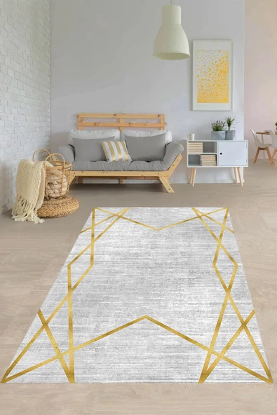 Makinede Yıkanabilir Leke Tutmaz  Gri-Gold Pvc Deri Kaymaz Taban Modern Salon Saçaksız Halı B1147  ÇOKLU 100 x 350