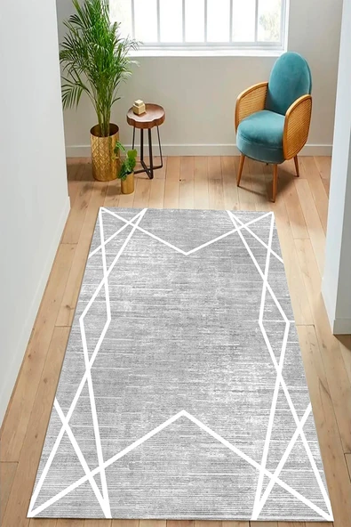 Makinede Yıkanabilir Leke Tutmaz  Gri-Beyaz Pvc Deri Kaymaz Taban Modern Salon Saçaksız Halı B1147-2  GRİ BEYAZ 180 x 280 - 3