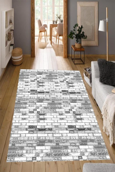 Makinede Yıkanabilir Leke Tutmaz  Gri Pvc Deri Kaymaz Taban Modern Salon Saçaksız Halı C-2083  ÇOKLU 120 x 300