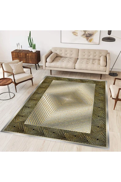 Makinede Yıkanabilir Leke Tutmaz  Altın Dijital Baskı Deri Kaymaz Gölge Desen Salon Halısı B1392  Altın-Gümüş 80 x 150