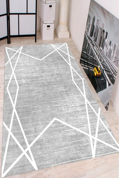 Makinede Yıkanabilir Leke Tutmaz  Gri-Beyaz Pvc Deri Kaymaz Taban Modern Salon Saçaksız Halı B1147-2  GRİ BEYAZ 80 x 300 - 4