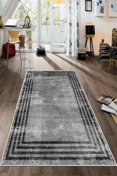 Makinede Yıkanabilir Leke Tutmaz  Gri-Siyah Dot Keçe Kaymaz Taban Çerçeveli Salon Saçaksız Halı B1164  gri siyah 130 x 180 - Resim 4