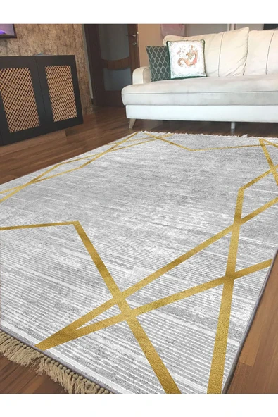 Makinede Yıkanabilir Leke Tutmaz  Gri-Gold Pvc Deri Kaymaz Taban Modern Salon Saçaksız Halı B1147  ÇOKLU 100 x 140 - 4