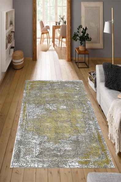 Makinede Yıkanabilir Leke Tutmaz  Gri-Sarı Pvc Deri Kaymaz Taban Vintage Salon Saçaksız Halı C-2001  ÇOKLU 160 x 230