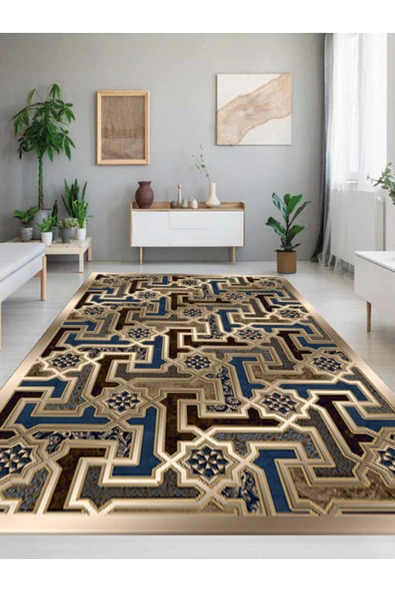 Makinede Yıkanabilir Leke Tutmaz  KREM - VİZON - GRİ Dijital Baskı Labirent Modeli PVC Kaymaz Taban Salon Halısı B1384  MULTİ 120 x 180