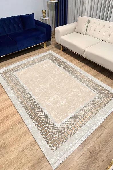 Makinede Yıkanabilir Leke Tutmaz  Krem Pvc Deri Kaymaz Taban Çerçeve Salon Saçaksız Halı B1224  KREM 100 x 200