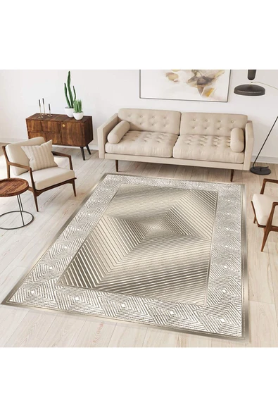 Makinede Yıkanabilir Leke Tutmaz  Altın Dijital Baskı Deri Kaymaz Gölge Desen Salon Halısı B1392  Gri 120 x 180
