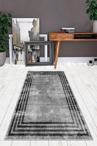 Makinede Yıkanabilir Leke Tutmaz  Gri-Siyah Dot Keçe Kaymaz Taban Çerçeveli Salon Saçaksız Halı B1164  gri siyah 130 x 180 - Resim 3