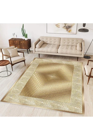 Makinede Yıkanabilir Leke Tutmaz  Altın Dijital Baskı Deri Kaymaz Gölge Desen Salon Halısı B1392  Altın 100 x 200