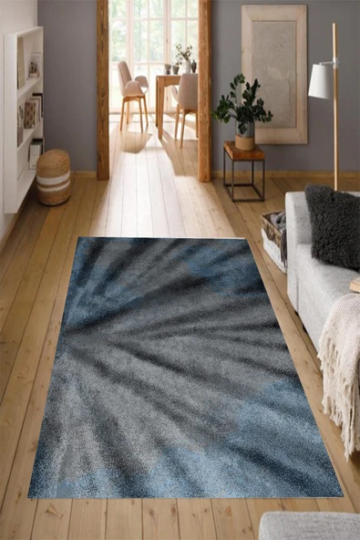 Makinede Yıkanabilir Leke Tutmaz  Mavi-Antrasit Pvc Deri Kaymaz Taban Modern Salon Saçaksız Halı C2034  ÇOKLU 100 x 100