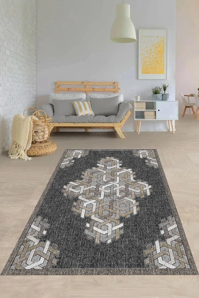 Makinede Yıkanabilir Leke Tutmaz  Antrasit Pvc Deri Kaymaz Taban Göbekli Salon Saçaksız Halı B-1139  ÇOKLU 200 x 300