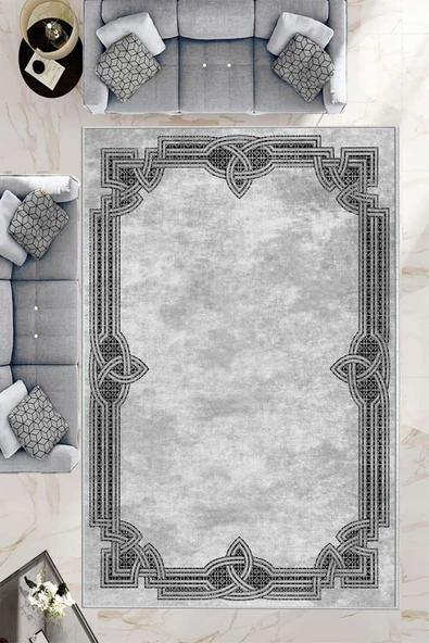 Makinede Yıkanabilir Leke Tutmaz  Gri Pvc Deri Kaymaz Taban Çerçeve Salon Saçaksız Halı B1189  GRİ 100 x 300