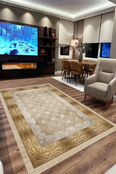 Makinede Yıkanabilir Leke Tutmaz  Gold-Vizon Pvc Deri Kaymaz Taban Modern Salon Saçaksız Halı B1328  GOLD-VİZON 80 x 150