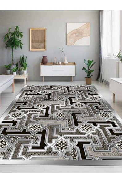 Makinede Yıkanabilir Leke Tutmaz  KREM - VİZON - GRİ Dijital Baskı Labirent Modeli PVC Kaymaz Taban Salon Halısı B1384  GRİ - BEJ - SİYAH 120 x 180