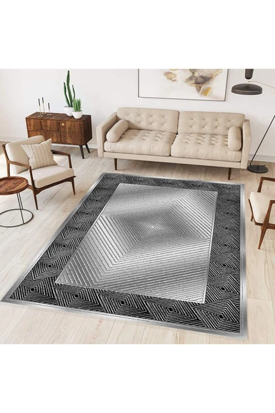 Makinede Yıkanabilir Leke Tutmaz  Altın Dijital Baskı Deri Kaymaz Gölge Desen Salon Halısı B1392  Antrasit 160 x 230 ürün görseli