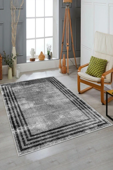 Makinede Yıkanabilir Leke Tutmaz  Gri-Siyah Dot Keçe Kaymaz Taban Çerçeveli Salon Saçaksız Halı B1164  gri siyah 100 x 200