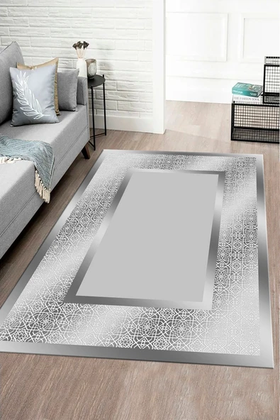 Makinede Yıkanabilir Leke Tutmaz  Gümüş Pvc Deri Kaymaz Taban Çerçeve Salon Saçaksız Halı B1327-3  GÜMÜŞ 180 x 280