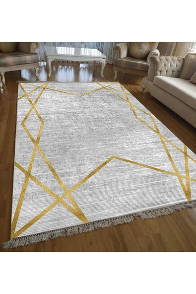 Makinede Yıkanabilir Leke Tutmaz  Gri-Gold Pvc Deri Kaymaz Taban Modern Salon Saçaksız Halı B1147  ÇOKLU 100 x 140 - 3
