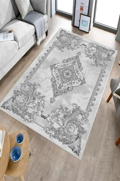 Makinede Yıkanabilir Leke Tutmaz  Gri Dot Keçe Kaymaz Taban Göbekli Salon Saçaksız Halı E4146  GRİ 120 x 180 - Resim 3