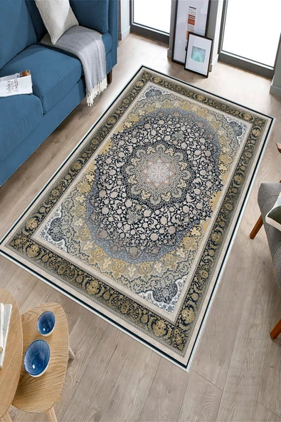 Makinede Yıkanabilir Leke Tutmaz  Lacivert Dot Keçe Kaymaz Taban Göbekli Salon Saçaksız Halı E4154  LACİVERT 80 x 300 - 3