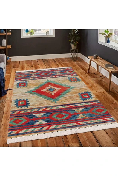 Makinede Yıkanabilir Leke Tutmaz  Multi Pvc Deri Kaymaz Taban Etnik Salon Saçaksız Halı E4135  ÇOKLU 150 x 350 - Resim 3