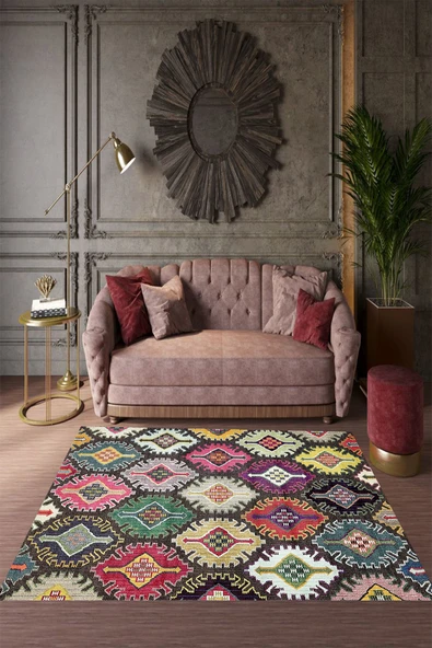 Makinede Yıkanabilir Leke Tutmaz  Multi Deko Deri Kaymaz Taban Etnik Salon Saçaksız Halı E4123  ÇOKLU 120 x 300 ürün görseli