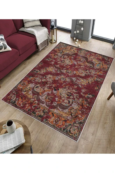 Makinede Yıkanabilir Leke Tutmaz  Bordo Dot Keçe Kaymaz Taban Göbekli Salon Saçaksız Halı E4148  180 x 280 BORDO - Resim 5