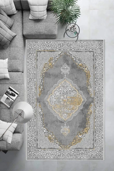 Makinede Yıkanabilir Leke Tutmaz  Gri Dot Keçe Kaymaz Taban Göbekli Salon Saçaksız Halı E4141  GRİ 80 x 150 - 6