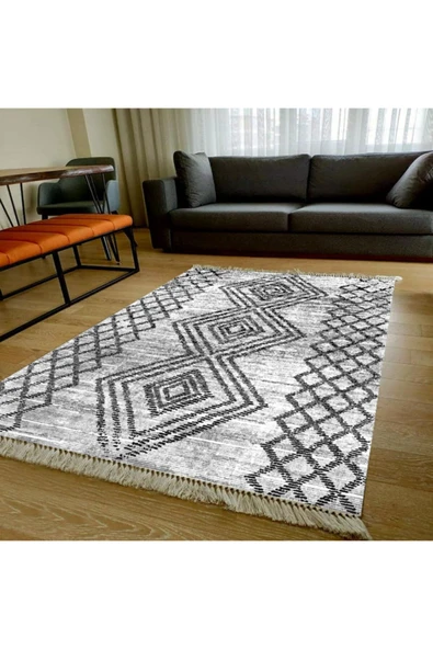 Makinede Yıkanabilir Leke Tutmaz  Gri Pvc Deri Kaymaz Taban Etnik Salon Saçaksız Halı E4127  ÇOKLU 160 x 230 - 3