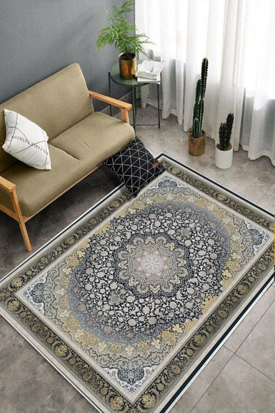 Makinede Yıkanabilir Leke Tutmaz  Lacivert Dot Keçe Kaymaz Taban Göbekli Salon Saçaksız Halı E4154  LACİVERT 80 x 300 - 4