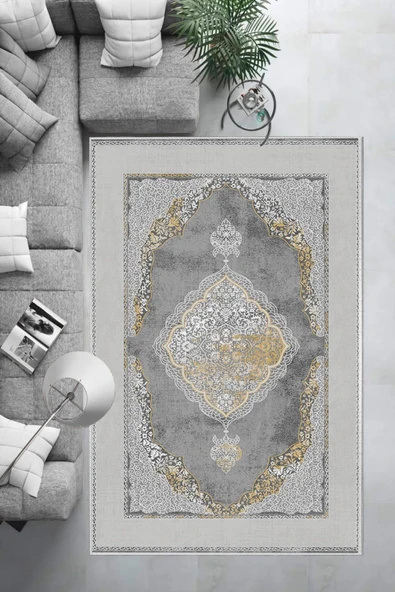 Makinede Yıkanabilir Leke Tutmaz  Gri Dot Keçe Kaymaz Taban ÇerçeveGöbek Salon Saçaksız Halı E4143  GRİ 100 x 200 - Resim 5