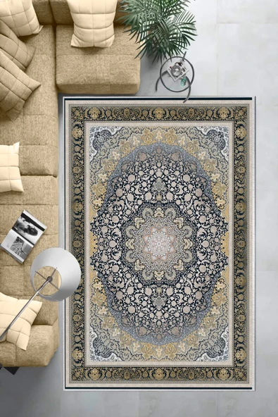 Makinede Yıkanabilir Leke Tutmaz  Lacivert Dot Keçe Kaymaz Taban Göbekli Salon Saçaksız Halı E4154  LACİVERT 80 x 300 - 6