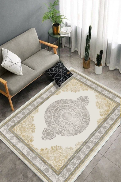 Makinede Yıkanabilir Leke Tutmaz  Krem Dot Keçe Kaymaz Taban Göbekli Salon Saçaksız Halı E4156  KREM 100 x 300 - Resim 4