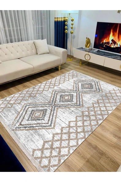 Makinede Yıkanabilir Leke Tutmaz  Gri-Kahve Pvc Deri Kaymaz Taban Etnik Salon Saçaksız Halı E4128  ÇOKLU 200 x 300