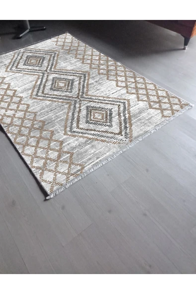 Makinede Yıkanabilir Leke Tutmaz  Gri-Kahve Deko Deri Kaymaz Taban Etnik Salon Saçaksız Halı E4128  ÇOKLU 80 x 140 - Resim 3