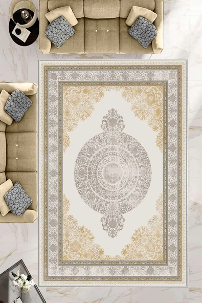 Makinede Yıkanabilir Leke Tutmaz  Krem Dot Keçe Kaymaz Taban Göbekli Salon Saçaksız Halı E4156  KREM 100 x 300 ürün görseli