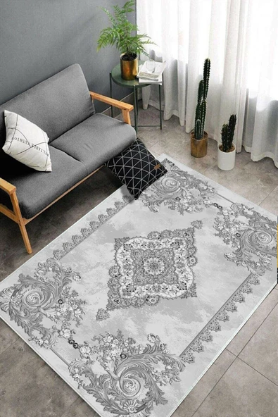 Makinede Yıkanabilir Leke Tutmaz  Gri Dot Keçe Kaymaz Taban Göbekli Salon Saçaksız Halı E4146  GRİ 80 x 150 - Resim 4