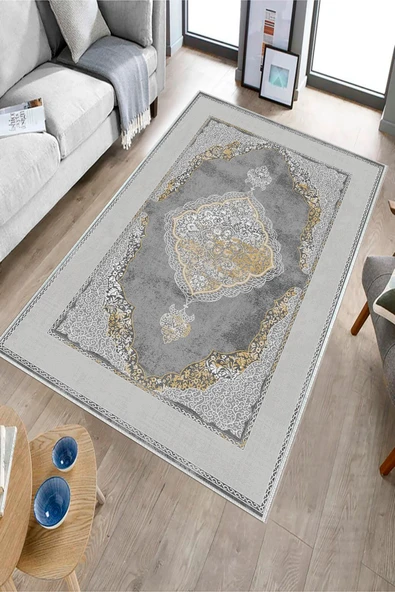 Makinede Yıkanabilir Leke Tutmaz  Gri Dot Keçe Kaymaz Taban ÇerçeveGöbek Salon Saçaksız Halı E4143  GRİ 100 x 200 - Resim 2