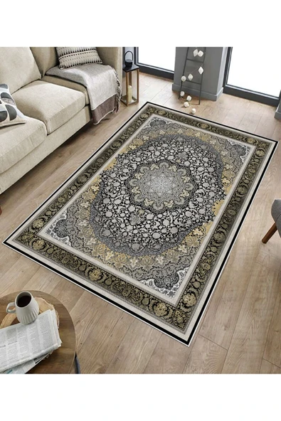 Makinede Yıkanabilir Leke Tutmaz  Siyah Dot Keçe Kaymaz Taban Göbekli Salon Saçaksız Halı E4155  SİYAH 120 x 180 - Resim 5