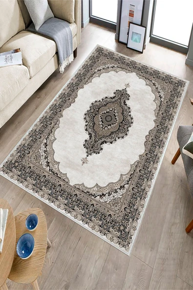 Makinede Yıkanabilir Leke Tutmaz  Kahverengi Dot Keçe Kaymaz Taban Göbekli Salon Saçaksız Halı E4150  KAHVERENGİ 80 x 150 - Resim 3