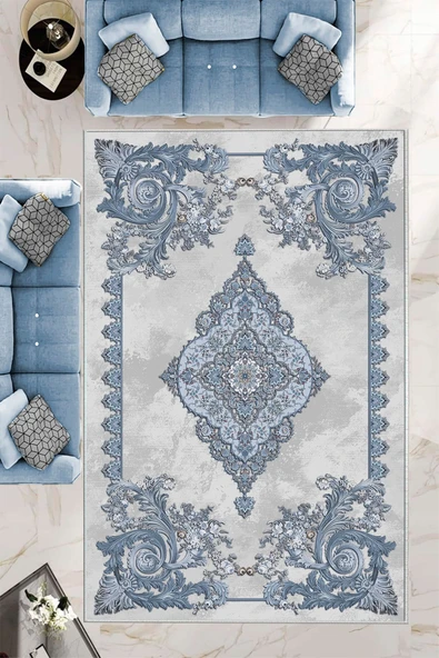 Makinede Yıkanabilir Leke Tutmaz  Gri-Mavi Dot Keçe Kaymaz Taban Göbekli Salon Saçaksız Halı E4145  MAVİ 180 x 280
