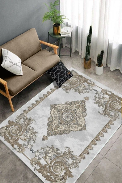 Makinede Yıkanabilir Leke Tutmaz  Gri-Kahverengi Dot Keçe Kaymaz Taban Göbekli Salon Saçaksız Halı E4144  KAHVERENGİ 100 x 300 - Resim 4