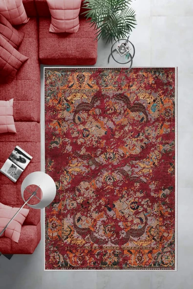Makinede Yıkanabilir Leke Tutmaz  Bordo Dot Keçe Kaymaz Taban Göbekli Salon Saçaksız Halı E4148  180 x 280 BORDO - Resim 6