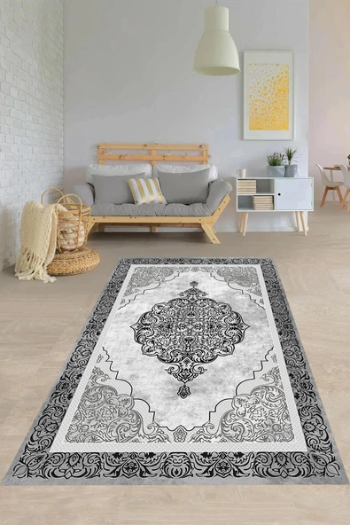 Makinede Yıkanabilir Leke Tutmaz  Beyaz-Siyah Pvc Deri Kaymaz Taban Göbekli Salon Saçaksız Halı E4107  ÇOKLU 100 x 400