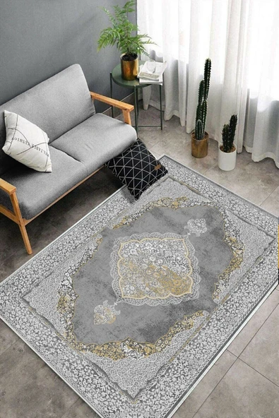 Makinede Yıkanabilir Leke Tutmaz  Gri Dot Keçe Kaymaz Taban Göbekli Salon Saçaksız Halı E4141  GRİ 80 x 150 - 4
