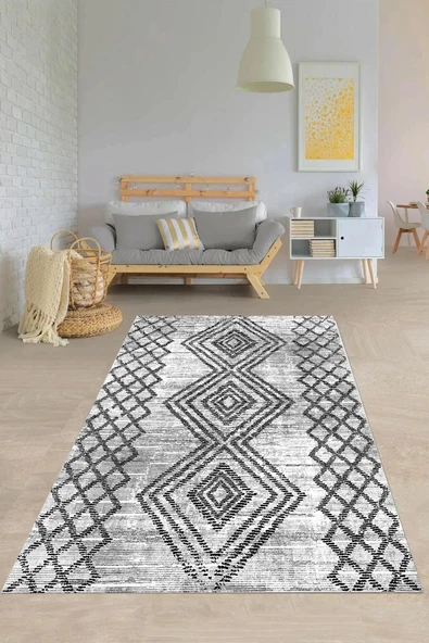 Makinede Yıkanabilir Leke Tutmaz  Gri Pvc Deri Kaymaz Taban Etnik Salon Saçaksız Halı E4127  ÇOKLU 160 x 230