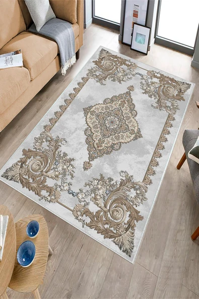 Makinede Yıkanabilir Leke Tutmaz  Gri-Kahverengi Dot Keçe Kaymaz Taban Göbekli Salon Saçaksız Halı E4144  KAHVERENGİ 100 x 300 - Resim 3