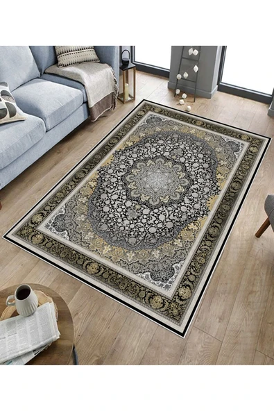Makinede Yıkanabilir Leke Tutmaz  Lacivert Dot Keçe Kaymaz Taban Göbekli Salon Saçaksız Halı E4154  LACİVERT 80 x 300 - 5